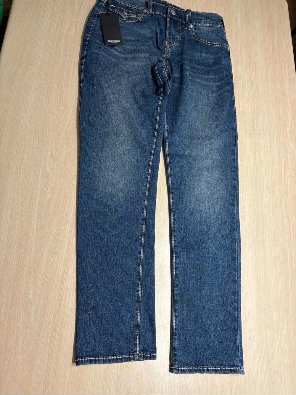 True Religion Men's Relaxed Slim Jeans - Mid Blue Denim with Contrast Stitching